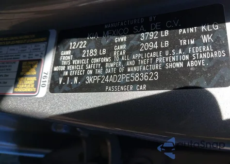 2023 Kia Forte Lxs from USA, damaged, VIN 3KPF24AD2PE583623